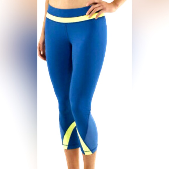 LULULEMON RUN INSPIRE BLUE W/YELLOW STRIPED WAIST BAND& HEM CROPPED LEGGINGS-S6 - Picture 3 of 14